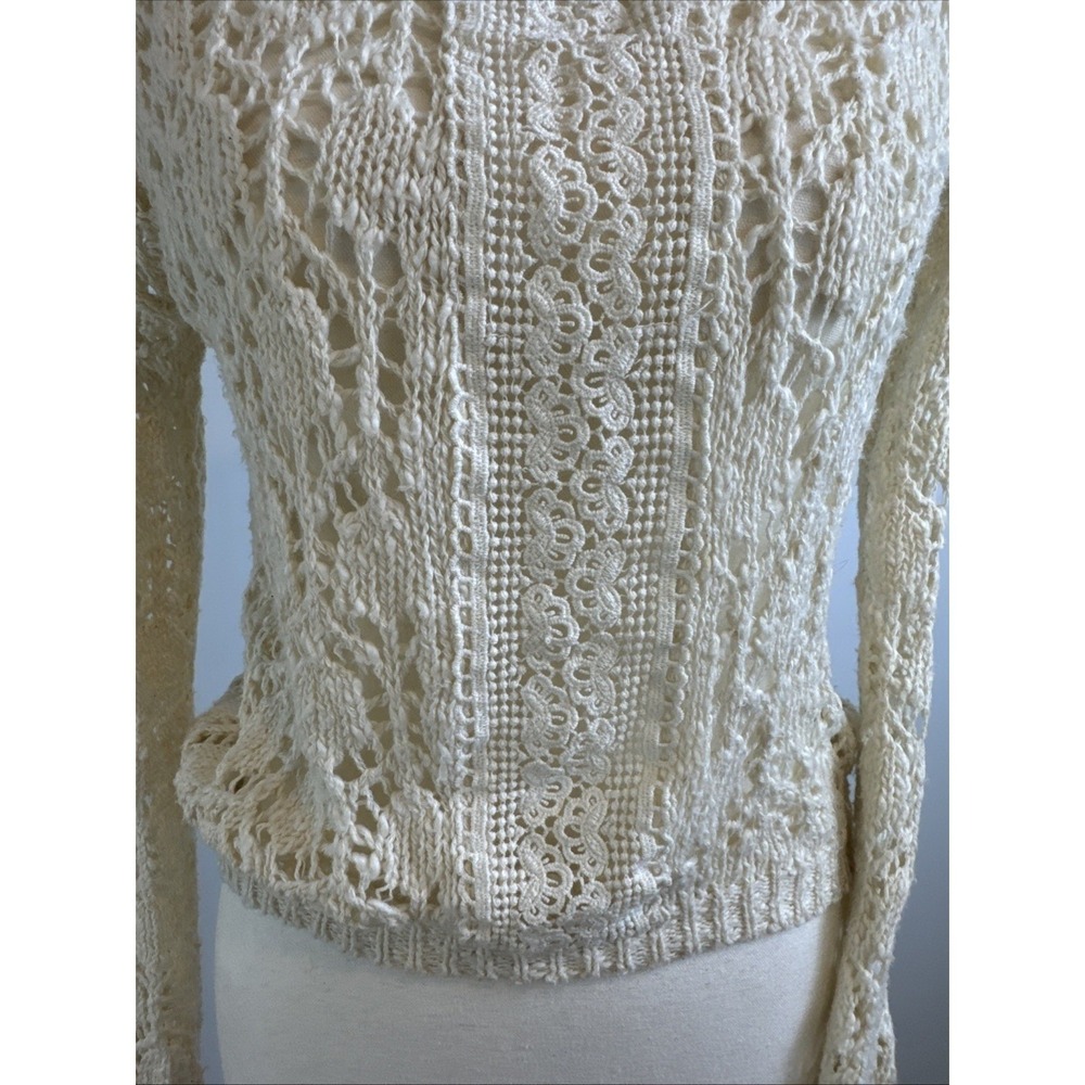 Flying Tomato Crochet Open Knit Sweater Womens XS Ivory Cotton Blnd Boho Cottage - Picture 3 of 10